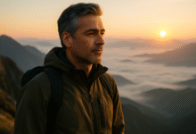 A man over 40 stands on a mountain summit at sunrise, embodying the inner strength and clarity gained from life's journey.