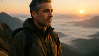 A man over 40 stands on a mountain summit at sunrise, embodying the inner strength and clarity gained from life's journey.