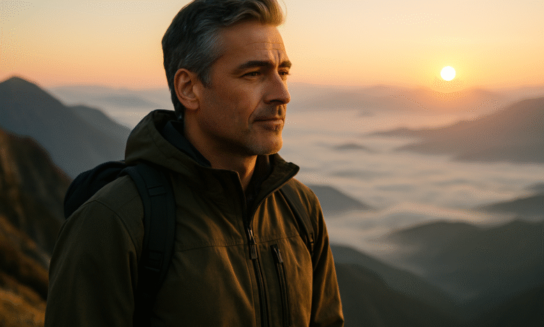 A man over 40 stands on a mountain summit at sunrise, embodying the inner strength and clarity gained from life's journey.