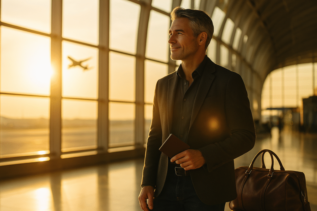 a man in a suit holding a passport and looking out a window