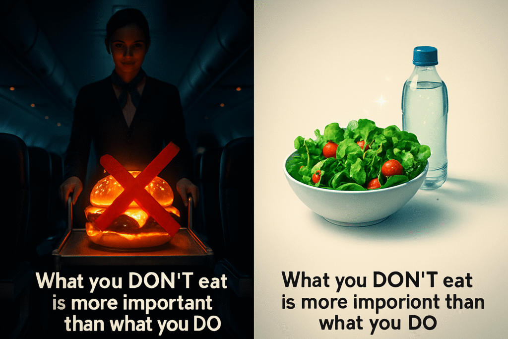 An infographic comparing healthy airport food like a salad and grilled chicken to unhealthy choices like a burger and fries for men traveling over 40.