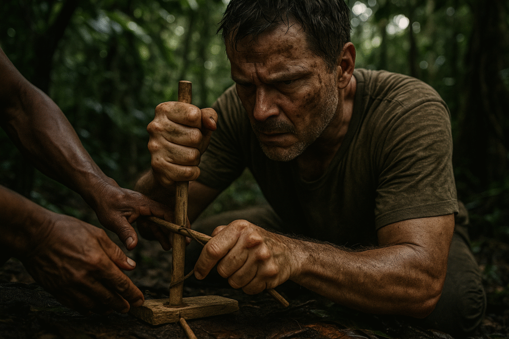 A man in his 40s learns to make fire with a bow drill from an indigenous guide in the Amazon rainforest.