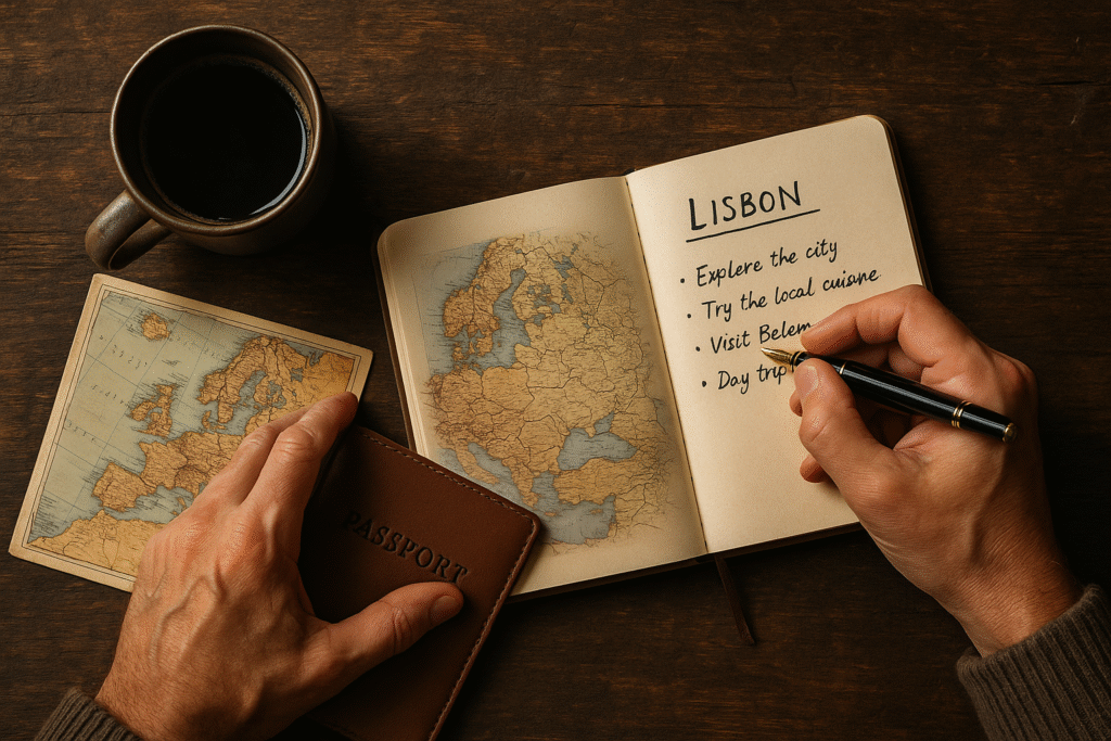 A collage of the best solo travel destinations for men over 40, showing a historic street in Portugal, a temple in Japan, a mountain fjord in New Zealand, and a rainforest in Costa Rica.