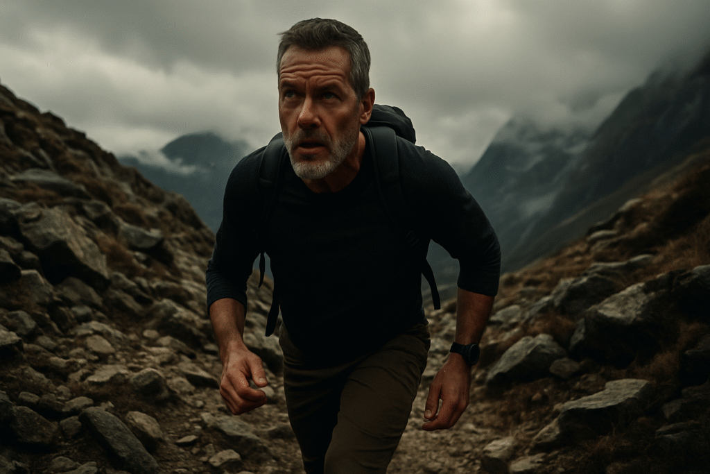 Building Resilience in Your 40s A determined man over 40 hiking a rugged mountain, a powerful metaphor for building resilience and mental fortitude.