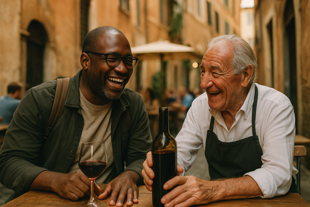 A man in his 40s traveling solo, laughing and connecting with new friends at an outdoor cafe in Europe, demonstrating a key tip for solo male travel.