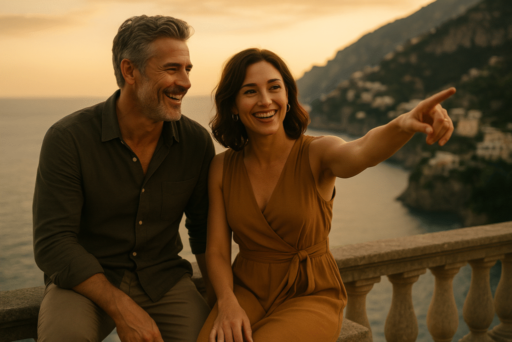A happy, mature couple in their forties smiling and reading a map together on a cobblestone street, planning their romantic travel adventure. romantic travel for men over 40 