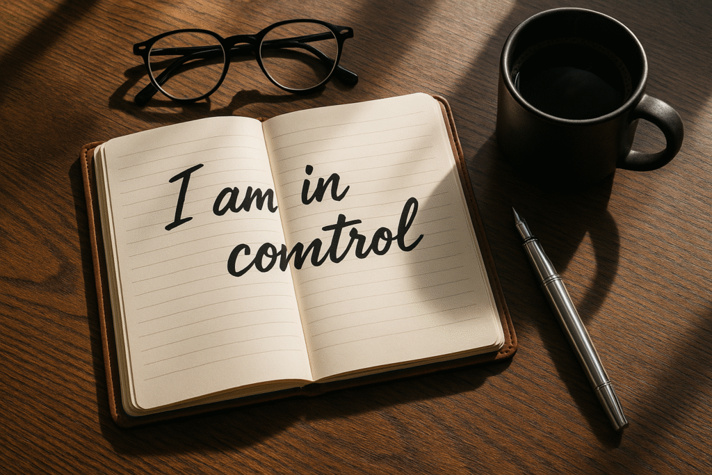 A man's journal open to a powerful affirmation next to a cup of coffee, symbolizing the daily mindset work for men over 40.
