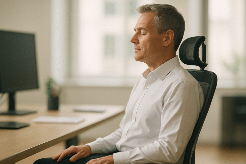 A professional man performs a mindful body scan exercise at his desk, a quick and discreet stress relief technique. 5 minute mindfulness exercises