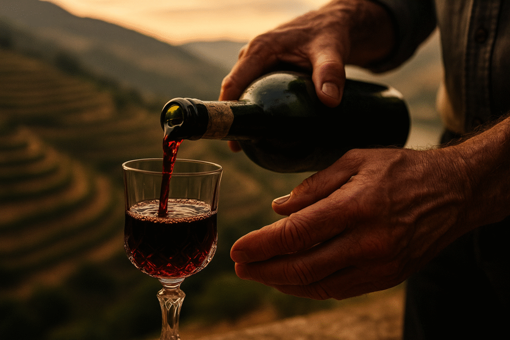A couple in their 40s toasting with glasses of red wine on a balcony overlooking the stunning terraced vineyards of the Douro Valley at sunset.