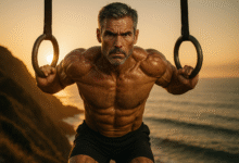 men's health over 40. A fit 40-year-old man with salt-and-pepper hair performing a muscle-up on gymnastic rings at sunrise, demonstrating peak physical condition and defying age.