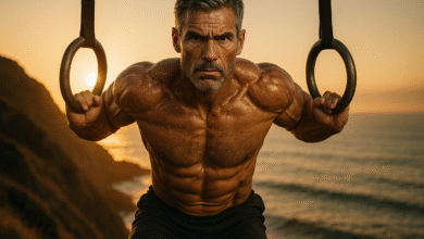 men's health over 40. A fit 40-year-old man with salt-and-pepper hair performing a muscle-up on gymnastic rings at sunrise, demonstrating peak physical condition and defying age.