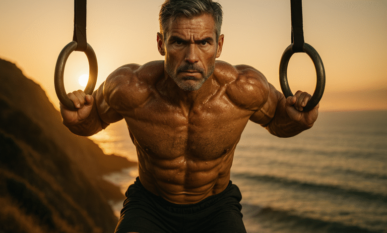 men's health over 40. A fit 40-year-old man with salt-and-pepper hair performing a muscle-up on gymnastic rings at sunrise, demonstrating peak physical condition and defying age.