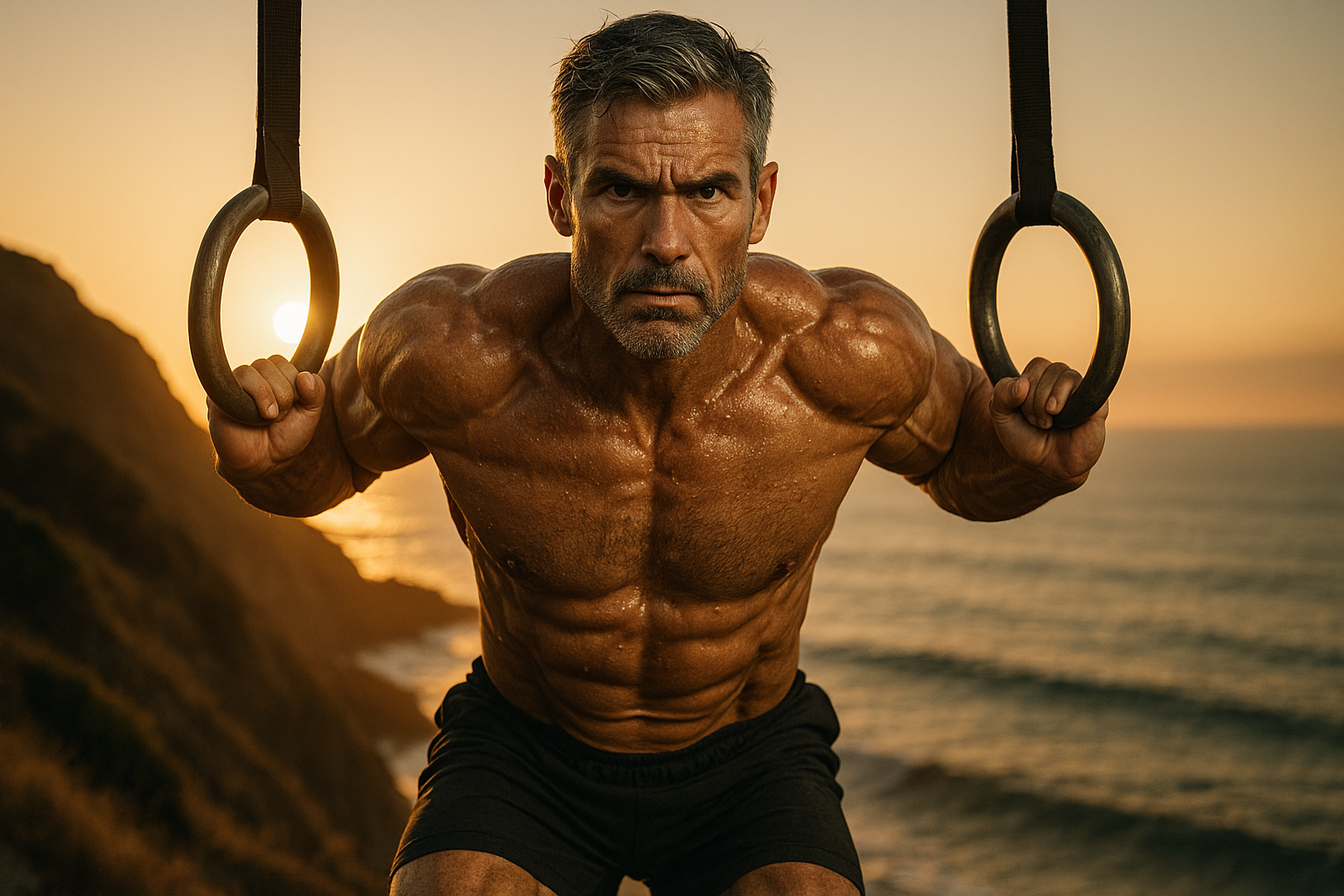 men's health over 40. A fit 40-year-old man with salt-and-pepper hair performing a muscle-up on gymnastic rings at sunrise, demonstrating peak physical condition and defying age.