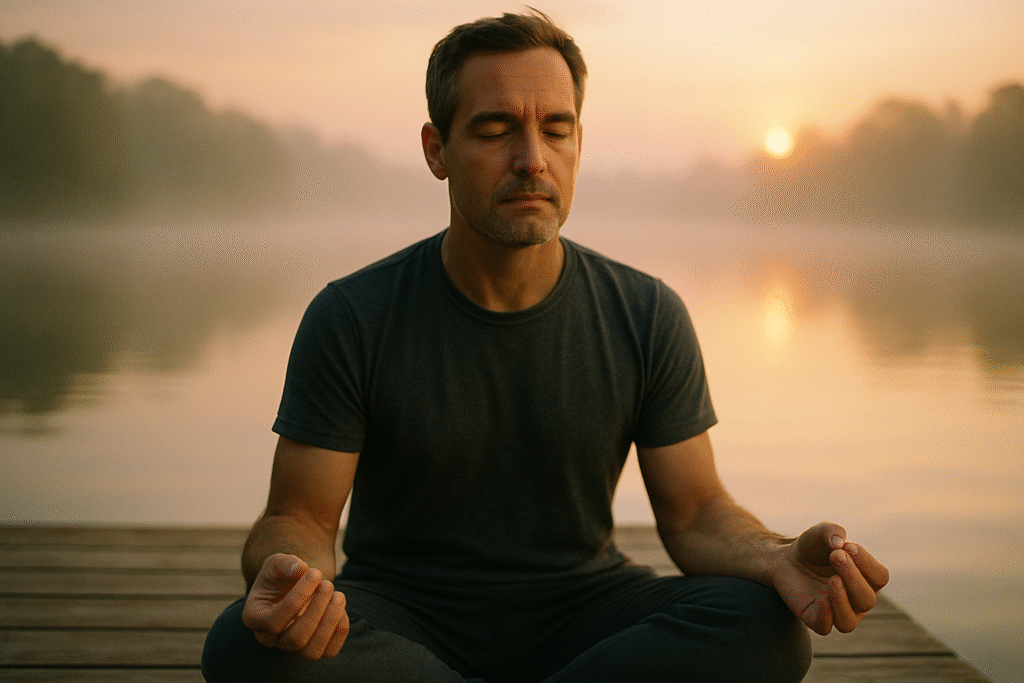 A fit man over 40 practices yoga on a balcony overlooking the ocean at sunrise, focusing on health and wellness during his solo travel adventure.