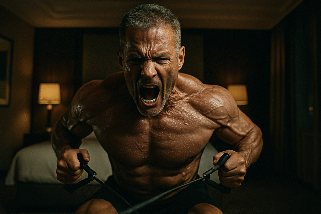 A man in his early 50s demonstrating proper form for a resistance band row, a key exercise in an effective hotel room workout routine.