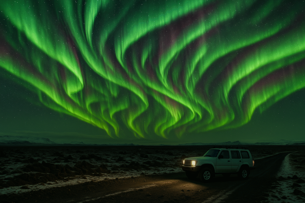 A 4x4 vehicle parked on a snowy Icelandic road at night, with the vibrant green Northern Lights overhead.