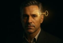 A man in his 40s with a glowing key blueprint over his temple, representing a Joseph Murphy guide for men unlocking their subconscious mind.