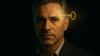 A man in his 40s with a glowing key blueprint over his temple, representing a Joseph Murphy guide for men unlocking their subconscious mind.