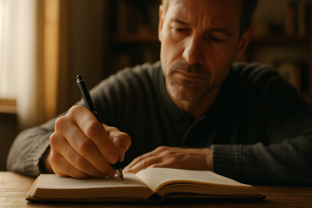 Finding Purpose After 40 Through Journaling A thoughtful man in his 40s journaling in a notebook to find purpose and mental clarity for his life's next chapter.