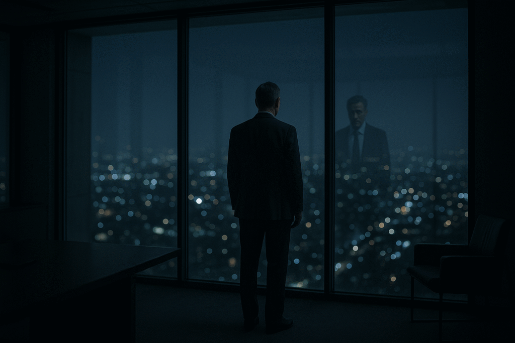 A man in his 40s looking out an office window at night, contemplating his purpose and the next stage of his career, a key theme in the guide for men.