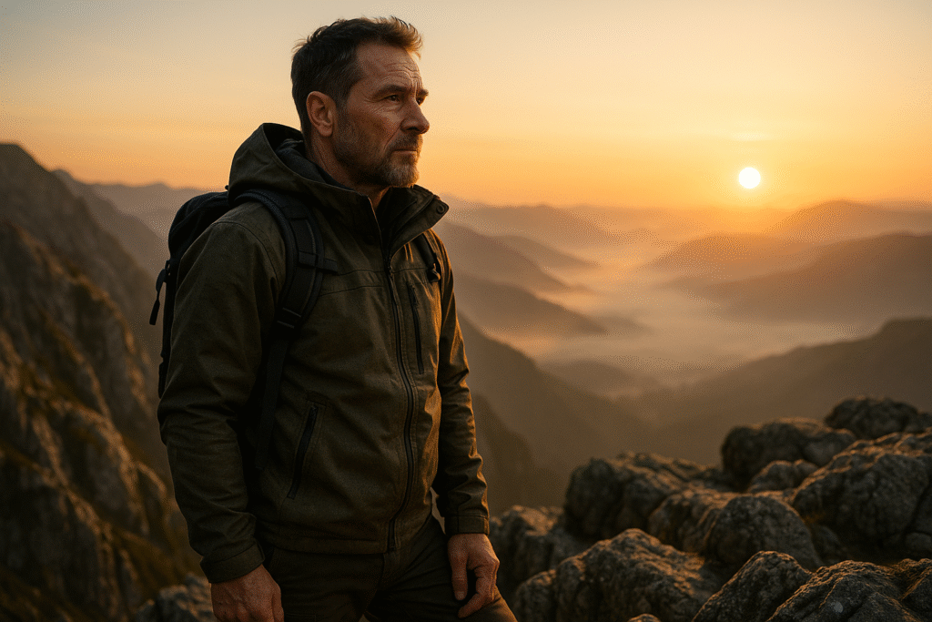 A rugged, confident man in his late 40s looking out over a vast mountain landscape at sunrise, a look of contemplation and satisfaction on his face.