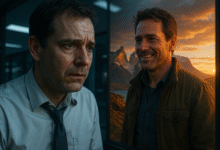 A weary man in an office stares at his reflection, which shows a confident solo traveler on a mountain, symbolizing the transformation possible with solo travel for men over 40.