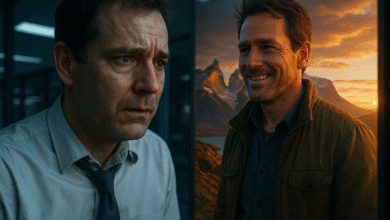 A weary man in an office stares at his reflection, which shows a confident solo traveler on a mountain, symbolizing the transformation possible with solo travel for men over 40.