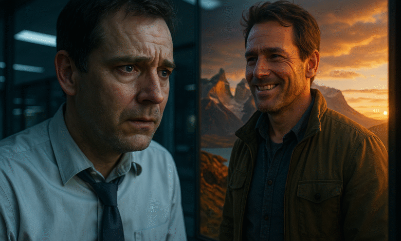 A weary man in an office stares at his reflection, which shows a confident solo traveler on a mountain, symbolizing the transformation possible with solo travel for men over 40.