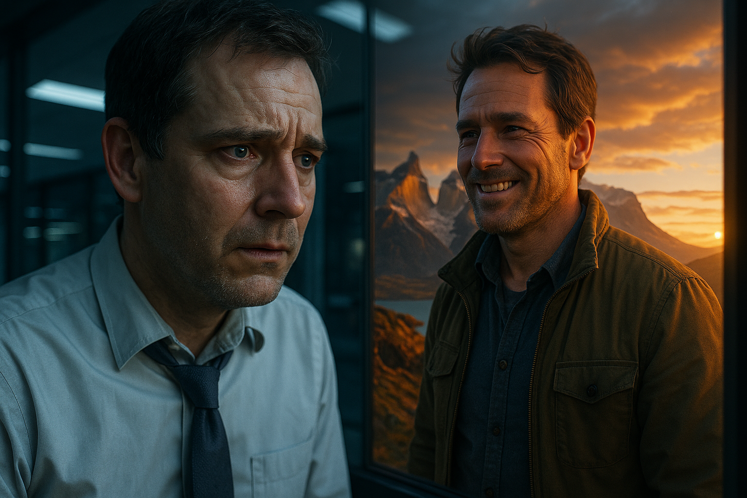 A weary man in an office stares at his reflection, which shows a confident solo traveler on a mountain, symbolizing the transformation possible with solo travel for men over 40.
