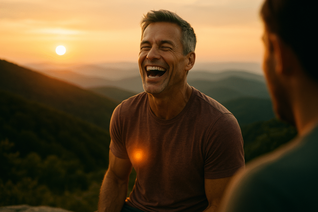 A fit and happy man in his 50s laughing outdoors, representing the vitality and freedom achieved through mastering one's mindset.
