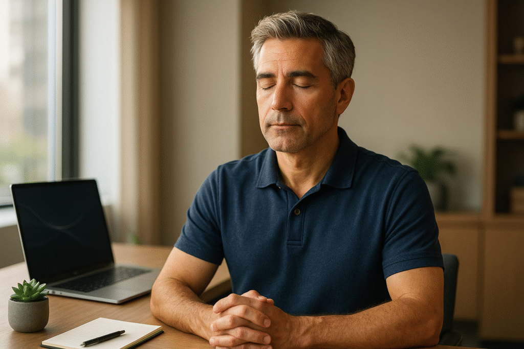 A composed man in his late 40s practices a 5 minute mindfulness exercise at his desk to reduce work stress. 5 minute mindfulness exercises
