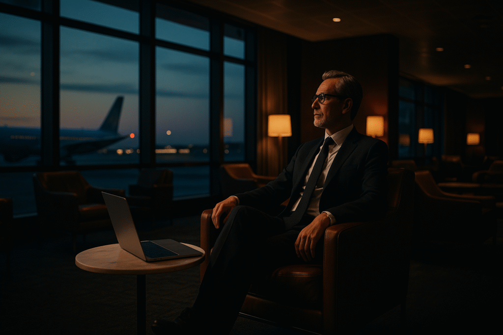 A sophisticated man in his 50s looking out the window of a modern airport lounge, demonstrating a key perk of premium travel reward cards.
