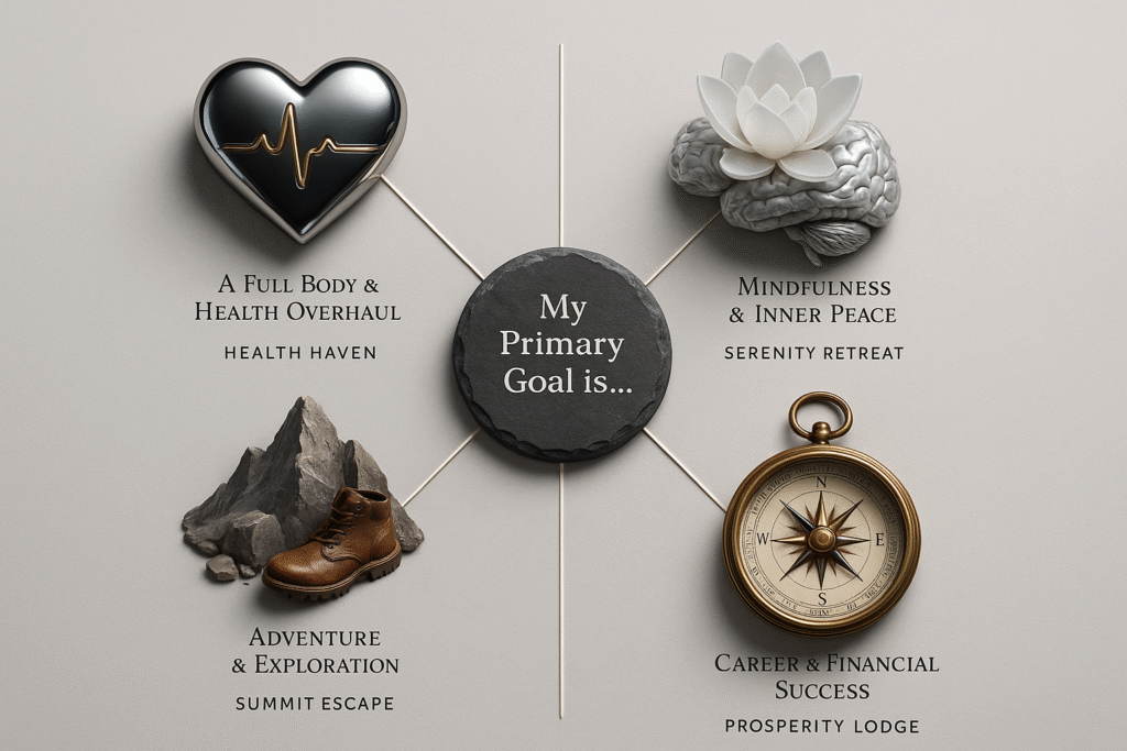 An infographic chart helping men over 40 choose the best wellness retreat based on their personal goals for health, mind, or adventure.