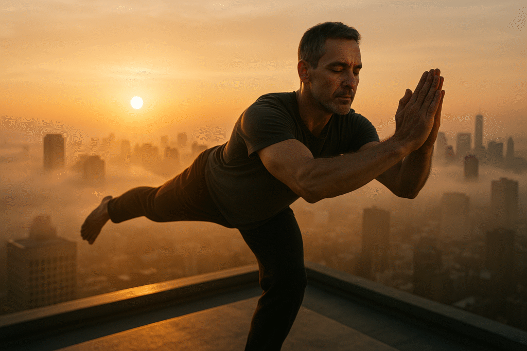 A man in his 40s performs a calming sunrise stretch on a hotel balcony with a city view, embodying the mental and physical recovery aspects of healthy travel. healthy travel tips for men over 40