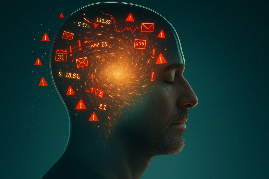 Metaphorical animation visualizing mindfulness for stress relief, where a man's chaotic, cluttered mind is transformed into a state of serene clarity.