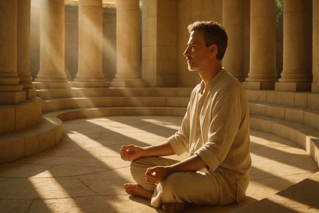 A man finds mental clarity and stress relief while meditating in a serene, ancient-style stone amphitheater at a holistic retreat.