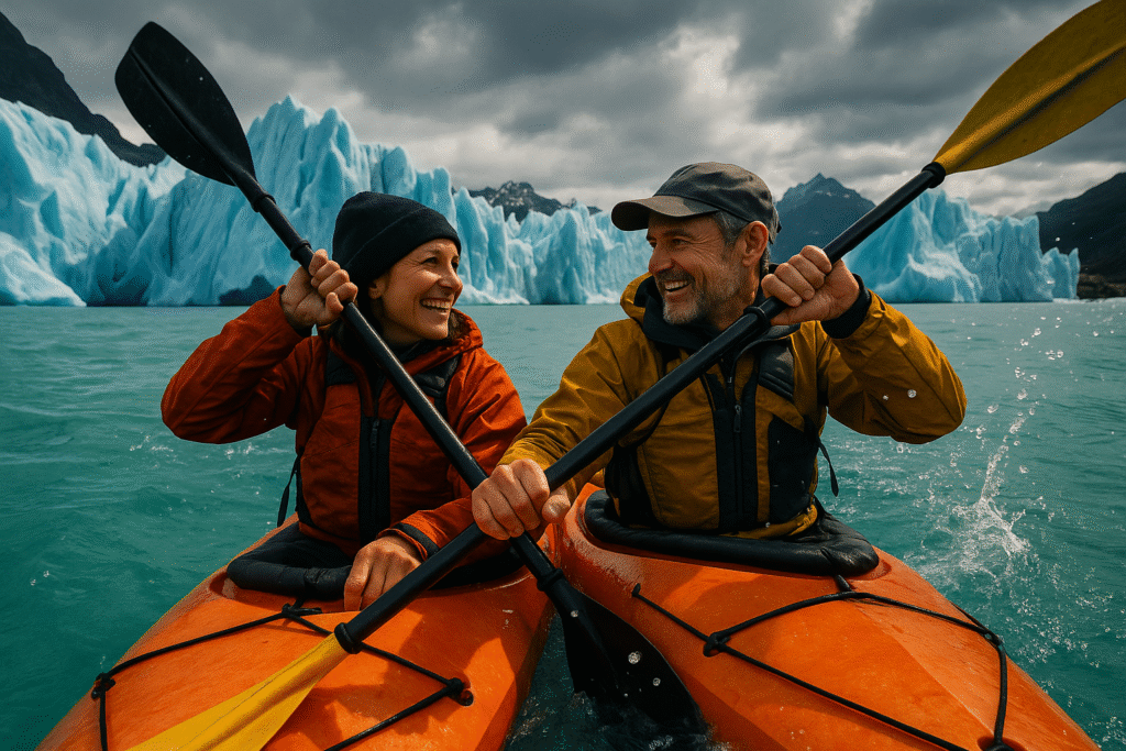 A happy couple in their 40s smile at each other while enjoying an adventure kayaking on a turquoise glacial lake in Patagonia, with massive glaciers behind them.