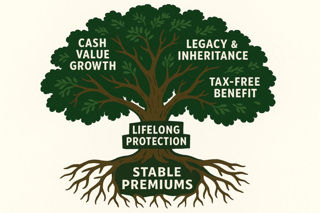 A graphic of a strong oak tree with deep roots, representing the stability and lifelong benefits of permanent life insurance, including cash value growth and legacy planning.