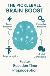Infographic summarizing the key neurological benefits of playing pickleball, including proprioception and neuroplasticity.