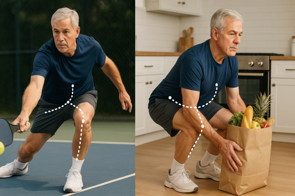 A side-by-side graphic comparing a pickleball lunge to lifting groceries, demonstrating functional fitness.