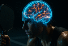 Conceptual image of an athlete's head as a glowing brain scan, showing the neurological impact of pickleball.