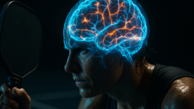 Conceptual image of an athlete's head as a glowing brain scan, showing the neurological impact of pickleball.