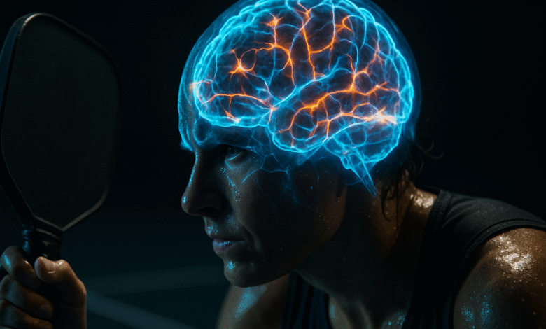 Conceptual image of an athlete's head as a glowing brain scan, showing the neurological impact of pickleball.