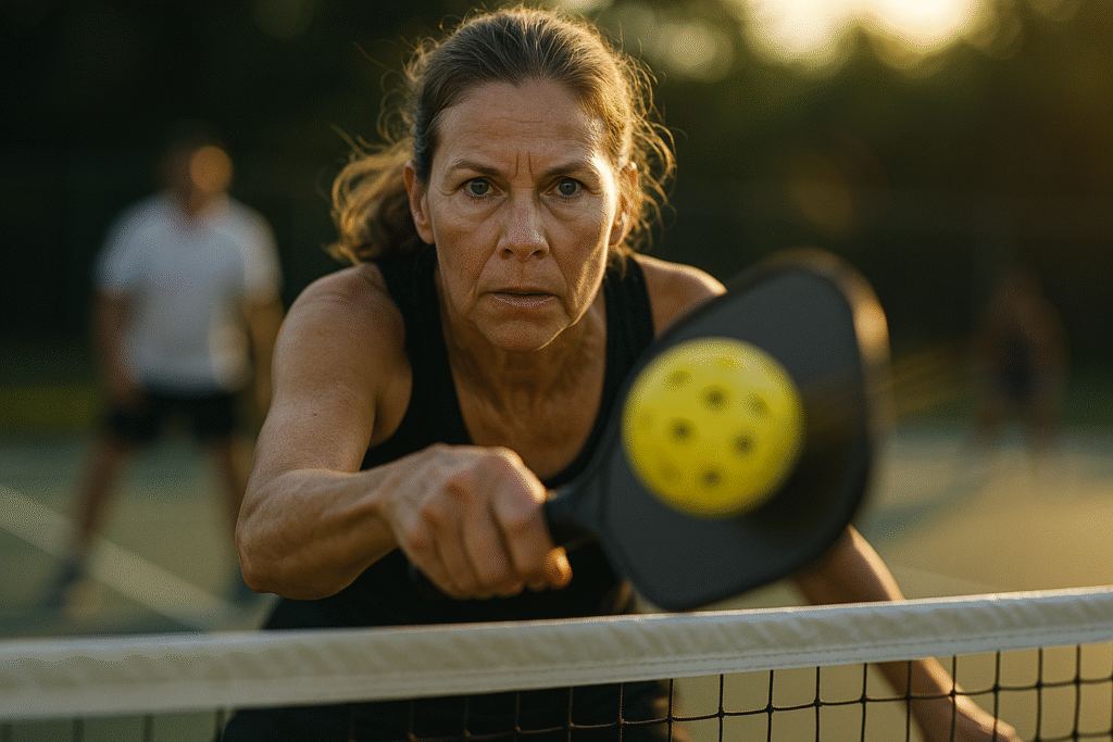 A pickleball player demonstrates intense focus and hand-eye coordination hitting a dink shot at the net.
