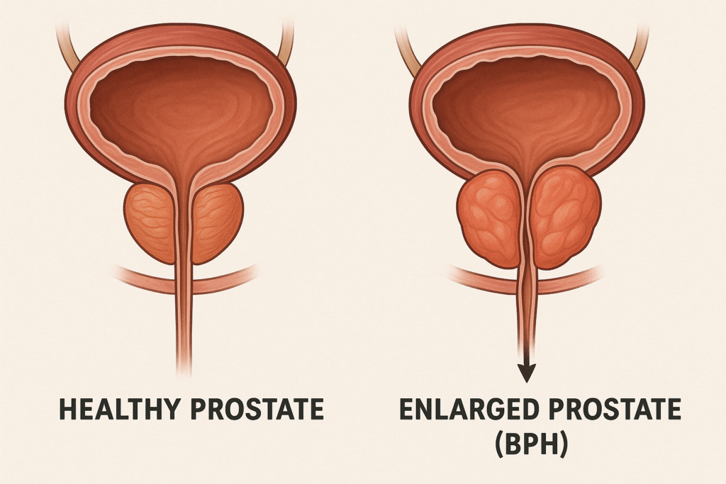 Educational diagram highlighting the prostate’s position in relation to the bladder and urethra.