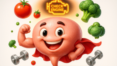 Illustration of a healthy prostate with foods and exercise symbols for prostate health.