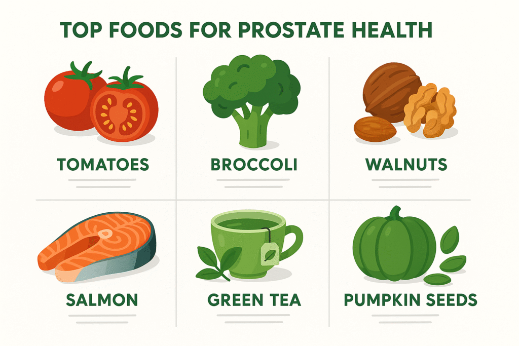 Infographic showing broccoli, tomatoes, salmon, walnuts, and pumpkin seeds as top foods for prostate health.
