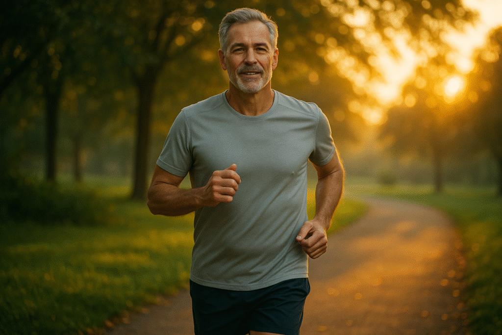 Healthy man in his 50s jogging outdoors to support prostate wellness.