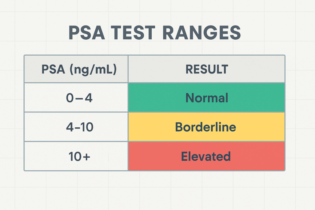 Infographic chart showing PSA test ranges for prostate health screening.