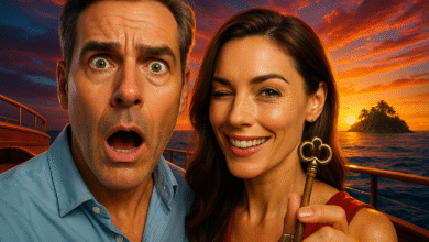 A man in his 40s looks shocked and amazed at a secret romantic travel plan his wife is showing him, hinting at a unique getaway.